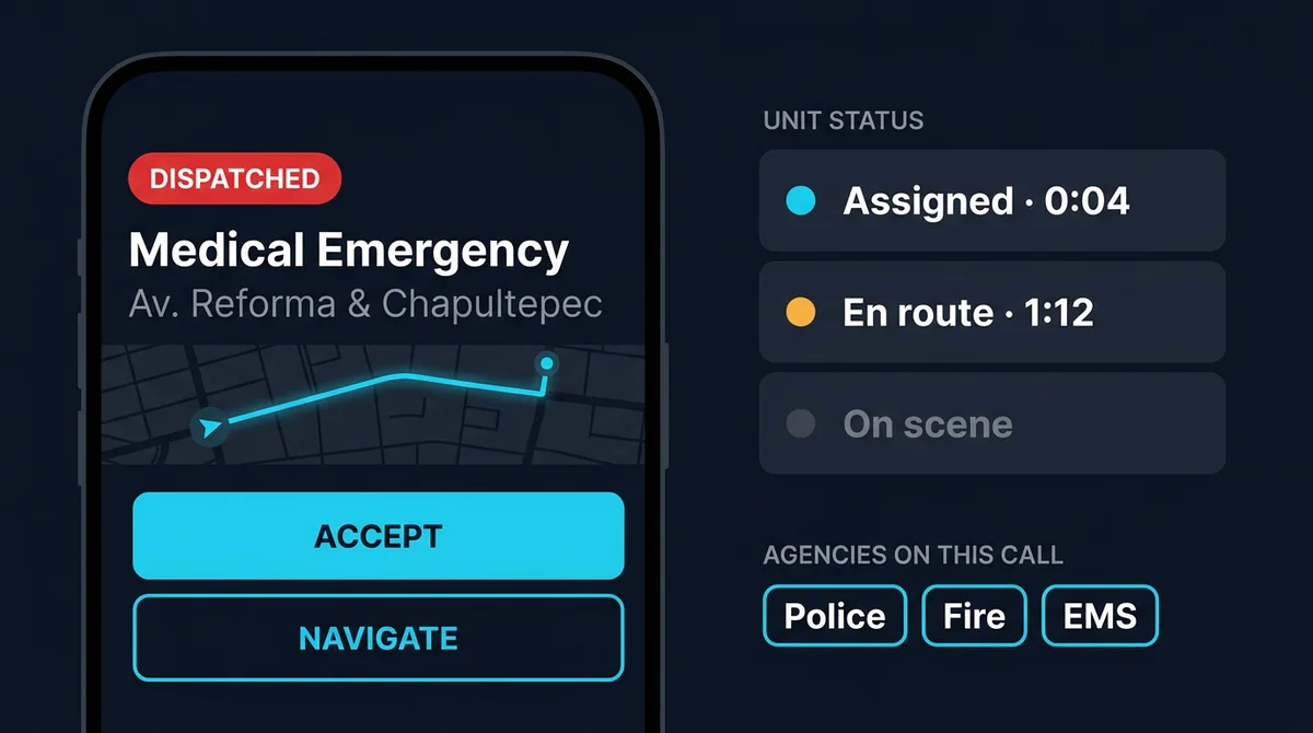 Responder mobile app receiving the dispatched call with navigation and status