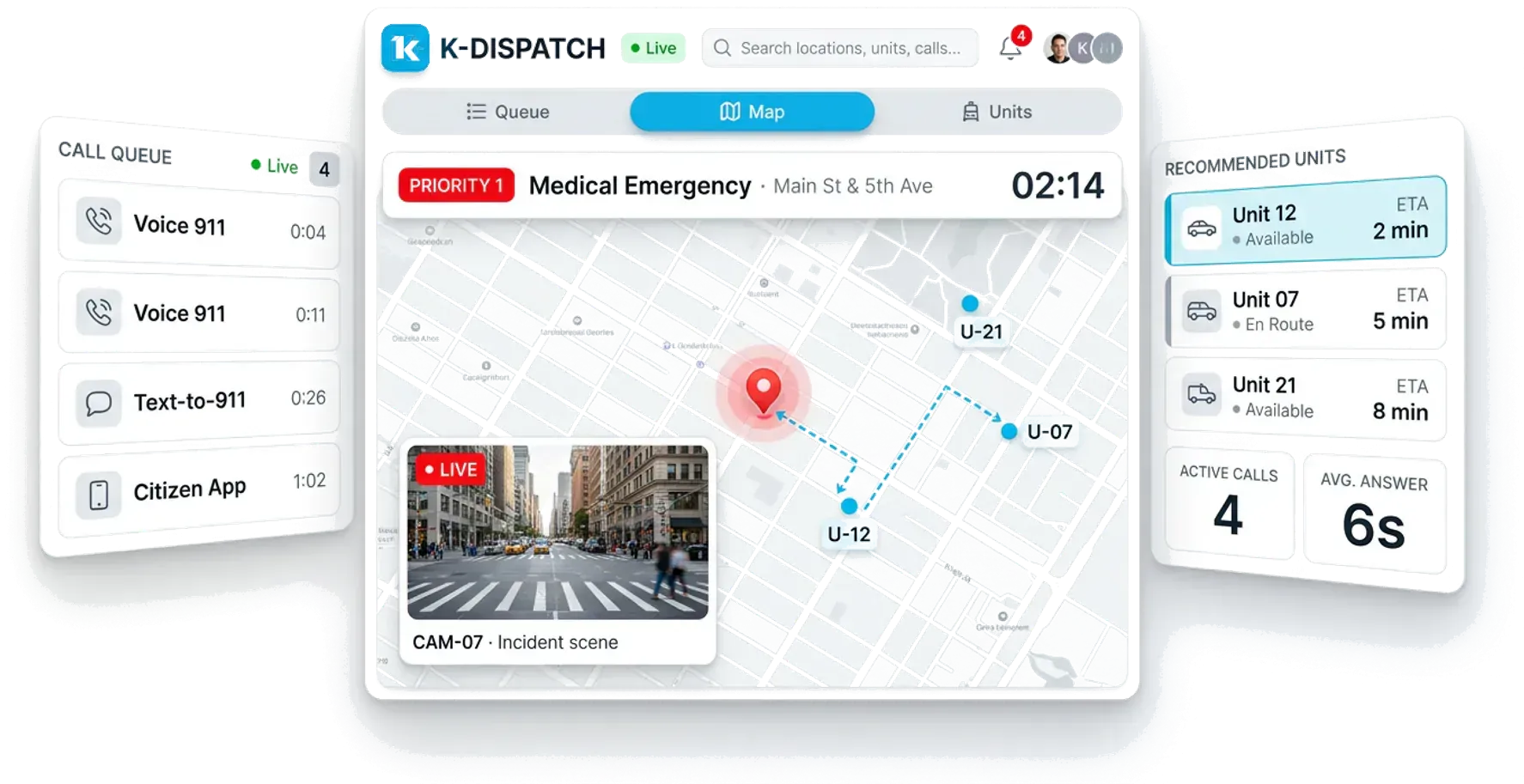 K-Dispatch CAD console showing an active call, recommended units, call queue, and live map